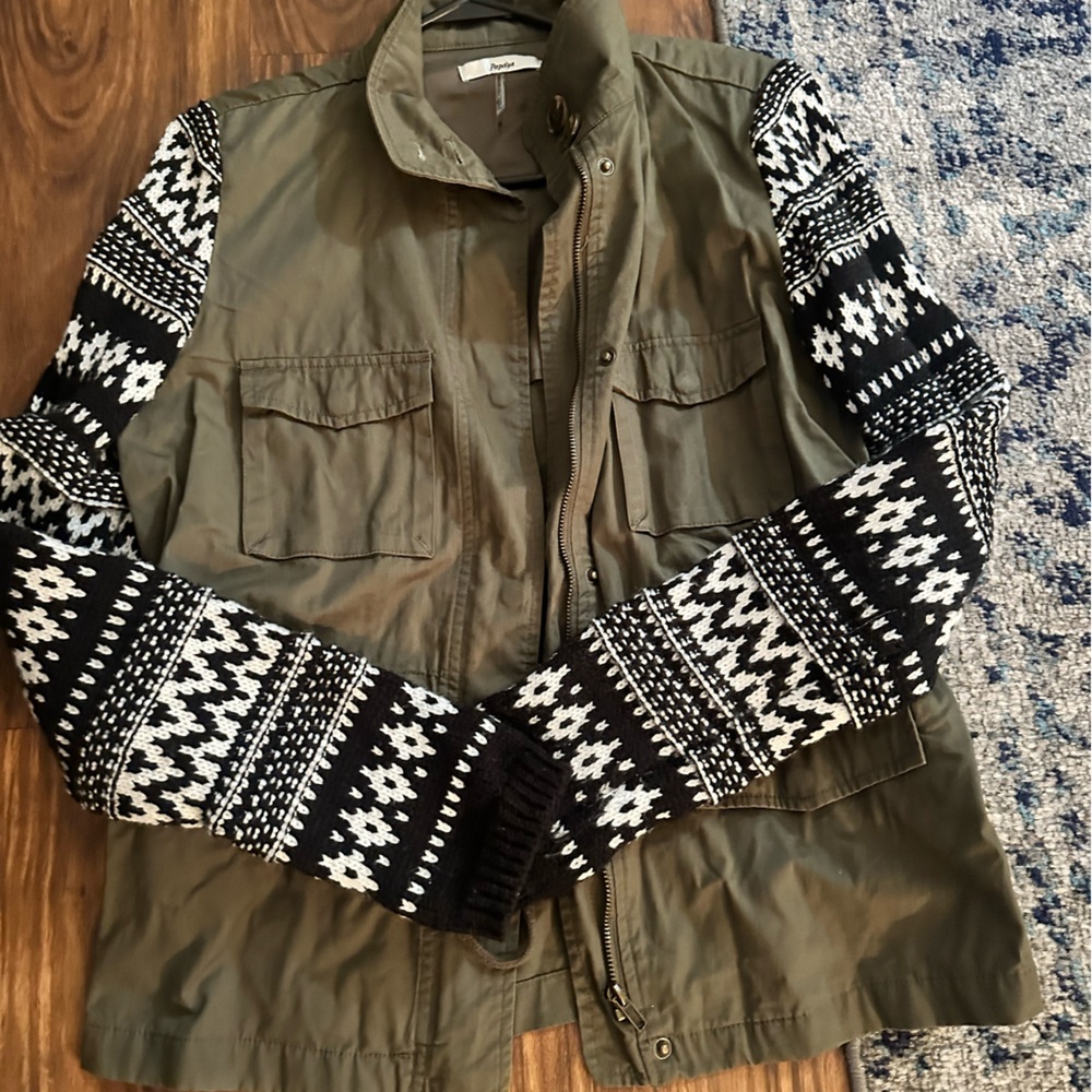 Papaya Olive Utility Jacket with Black and White Sleeves